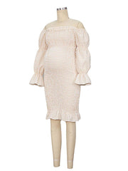 Momyraise Umstandskleider Schlank Patchwork Rüschen Schulterfreie Boot-Ausschnitt Langarm Mode Für Schwangerschaft