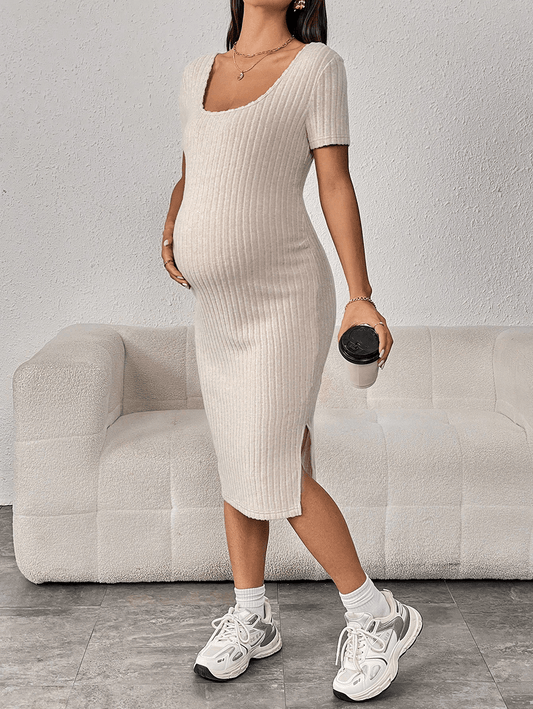 Momyraise Umstandskleider Rippenstrick Enges Schlitz Quadratischem Kragen Kurzärm Elegant Mode Hüfte Wrap Midikleid Kleid