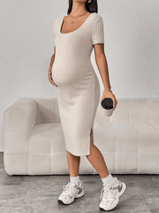 Momyraise Umstandskleider Rippenstrick Enges Schlitz Quadratischem Kragen Kurzärm Elegant Mode Hüfte Wrap Midikleid Kleid