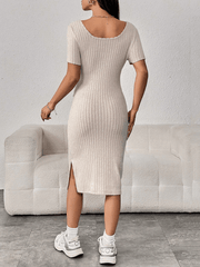 Momyraise Umstandskleider Rippenstrick Enges Schlitz Quadratischem Kragen Kurzärm Elegant Mode Hüfte Wrap Midikleid Kleid