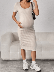 Momyraise Umstandskleider Rippenstrick Enges Schlitz Quadratischem Kragen Kurzärm Elegant Mode Hüfte Wrap Midikleid Kleid