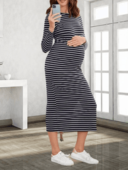 Momyraise Umstandskleider Enges Mit Streifen Muster Schlitz Rundhals Langarm Mode Beiläufige Maxi Kleider