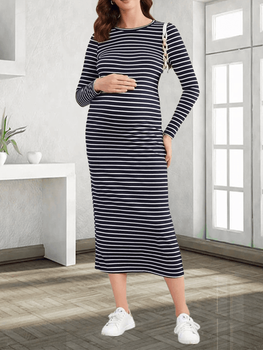 Momyraise Umstandskleider Enges Mit Streifen Muster Schlitz Rundhals Langarm Mode Beiläufige Maxi Kleider
