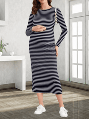 Momyraise Umstandskleider Enges Mit Streifen Muster Schlitz Rundhals Langarm Mode Beiläufige Maxi Kleider