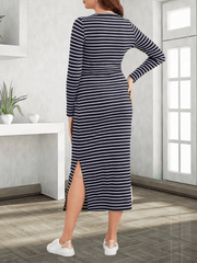 Momyraise Umstandskleider Enges Mit Streifen Muster Schlitz Rundhals Langarm Mode Beiläufige Maxi Kleider