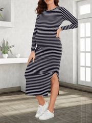 Momyraise Umstandskleider Enges Mit Streifen Muster Schlitz Rundhals Langarm Mode Beiläufige Maxi Kleider