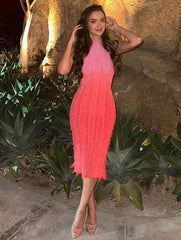 Momyraise Umstandskleider Enges Farbverlauf Ombre Farbkontrast Fransen Cut Out Ärmellos Mode Täglich Cocktail Kleider