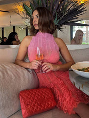 Momyraise Umstandskleider Enges Farbverlauf Ombre Farbkontrast Fransen Cut Out Ärmellos Mode Täglich Cocktail Kleider