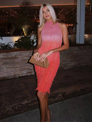 Momyraise Umstandskleider Enges Farbverlauf Ombre Farbkontrast Fransen Cut Out Ärmellos Mode Täglich Cocktail Kleider