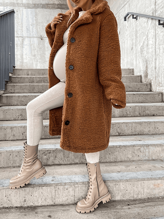 Momyraise Teddy Plüsch Mäntel Schlank Einreiher Taschen Revers Langarm Elegant Mode Flauschig Umstandsmode Lange Jacke Mantel