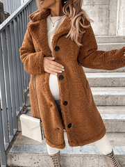 Momyraise Teddy Plüsch Mäntel Schlank Einreiher Taschen Revers Langarm Elegant Mode Flauschig Umstandsmode Lange Jacke Mantel