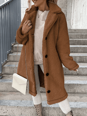 Momyraise Teddy Plüsch Mäntel Schlank Einreiher Taschen Revers Langarm Elegant Mode Flauschig Umstandsmode Lange Jacke Mantel