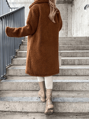 Momyraise Teddy Plüsch Mäntel Schlank Einreiher Taschen Revers Langarm Elegant Mode Flauschig Umstandsmode Lange Jacke Mantel