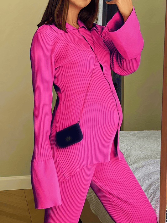 Momyraise Volltonfarbe Langarmknopf Gerippter Cardigan Und Strickhose Schlank Elegant Mode Umstandsmode Zweiteilige Anzüge