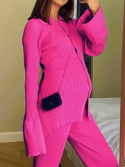 Momyraise Volltonfarbe Langarmknopf Gerippter Cardigan Und Strickhose Schlank Elegant Mode Umstandsmode Zweiteilige Anzüge