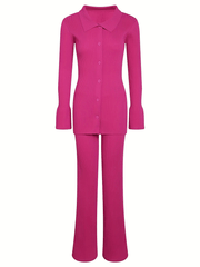 Momyraise Volltonfarbe Langarmknopf Gerippter Cardigan Und Strickhose Schlank Elegant Mode Umstandsmode Zweiteilige Anzüge