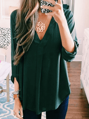 Momyraise Umstandsmode Blusen Chiffon Gebogenem Saum Taschen V-Ausschnitt Hochgekremplete Ärmel Lässig Shirt für Damen