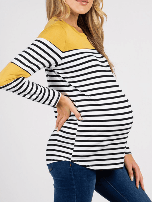 Momyraise Umstandsmode T-Shirts Schlank Splicing Gestreiften Farbkontrast Baumwolle Rundhals Langarm Täglich Lässig Mode