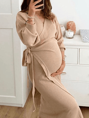 Momyraise Strickkleid Stillkleider Umstandsmode Pullover Schlank Schlitz Knoten V-Ausschnitt Langarm Lässig Elegant Für Schwangerschaft
