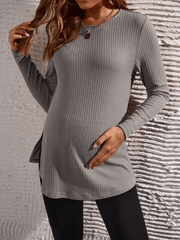 Momyraise Umstandsmode Volltonfarbe Rippenstrick Seitenschlitz Rundhals Langarm Täglich Lässig Mode Pullover Damenoberteile