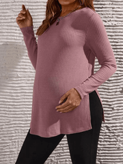Momyraise Umstandsmode Volltonfarbe Rippenstrick Seitenschlitz Rundhals Langarm Täglich Lässig Mode Pullover Damenoberteile