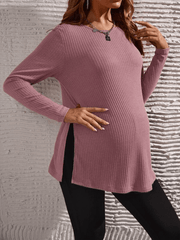 Momyraise Umstandsmode Volltonfarbe Rippenstrick Seitenschlitz Rundhals Langarm Täglich Lässig Mode Pullover Damenoberteile