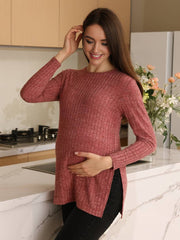 Momyraise Umstandsmode Oberteile Volltonfarbe Seitenschlitz Rundhals Langarm Elegant Beiläufige Mode Schick