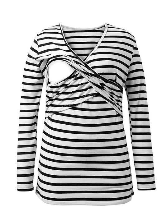 Momyraise Stilltops Gestreiften V-Ausschnitt Langarm Täglich Mode Für Schwangerschaft
