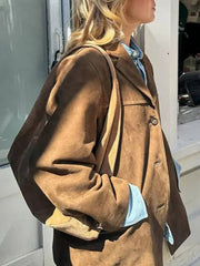 Momyraise Damenjacke Blazer Velours Wildleder Einreiher Taschen Langarm Elegant Vintage Beiläufige Mode Oversize Lässig Mäntel