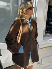 Momyraise Damenjacke Blazer Velours Wildleder Einreiher Taschen Langarm Elegant Vintage Beiläufige Mode Oversize Lässig Mäntel