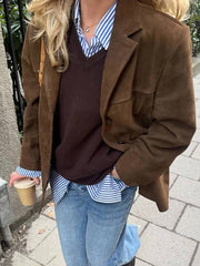 Momyraise Damenjacke Blazer Velours Wildleder Einreiher Taschen Langarm Elegant Vintage Beiläufige Mode Oversize Lässig Mäntel