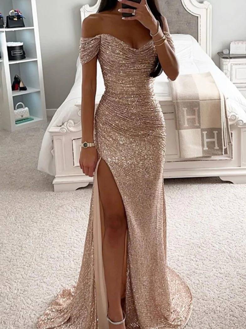 Momyraise Maxikleid Schlank Seitenschlitz Fischschwanz Pailletten Bandeau Schulterfreie Ärmellos Elegant Mode Abend