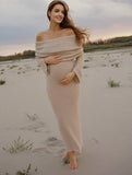 Momyraise Umstandskleider Enges Volltonfarbe Schulterfreie Langarm Elegant Beiläufige Ausgehabend Strand Fotoshooting Kleider