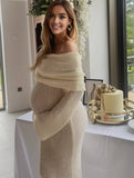 Momyraise Umstandskleider Enges Volltonfarbe Schulterfreie Langarm Elegant Beiläufige Ausgehabend Strand Fotoshooting Kleider