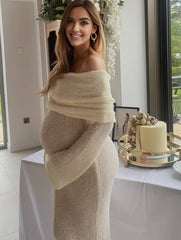 Momyraise Umstandskleider Enges Volltonfarbe Schulterfreie Langarm Elegant Beiläufige Ausgehabend Strand Fotoshooting Kleider