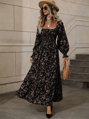 Momyraise Maxikleid Geblümt Quadratischem Kragen Laternenhülse Langarm Damen Schick Elegant Boho Strand Urlaub Kleid