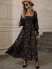 Momyraise Maxikleid Geblümt Quadratischem Kragen Laternenhülse Langarm Damen Schick Elegant Boho Strand Urlaub Kleid