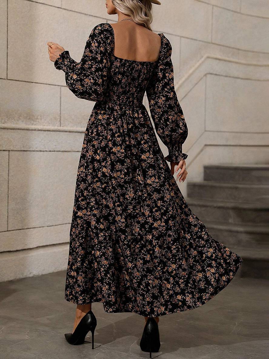 Momyraise Maxikleid Geblümt Quadratischem Kragen Laternenhülse Langarm Damen Schick Elegant Boho Strand Urlaub Kleid