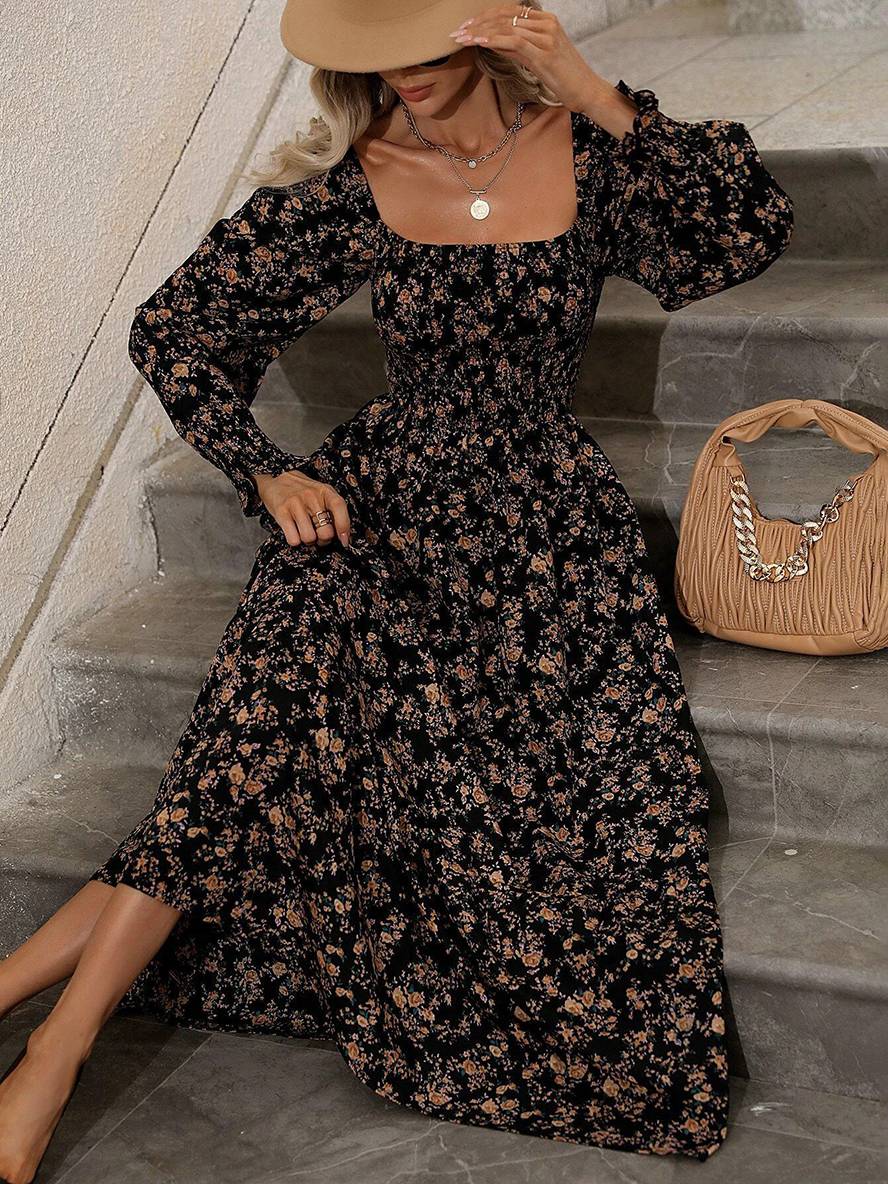 Momyraise Maxikleid Geblümt Quadratischem Kragen Laternenhülse Langarm Damen Schick Elegant Boho Strand Urlaub Kleid