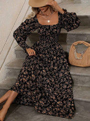 Momyraise Maxikleid Geblümt Quadratischem Kragen Laternenhülse Langarm Damen Schick Elegant Boho Strand Urlaub Kleid