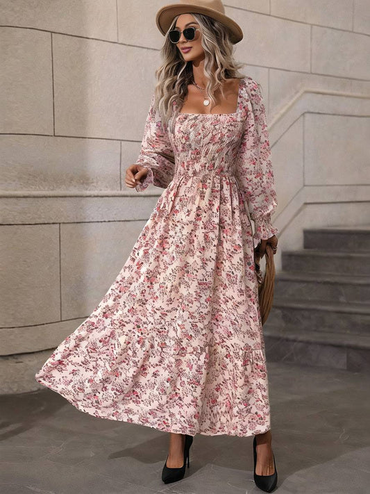 Momyraise Maxikleid Geblümt Quadratischem Kragen Laternenhülse Langarm Damen Schick Elegant Boho Strand Urlaub Kleid