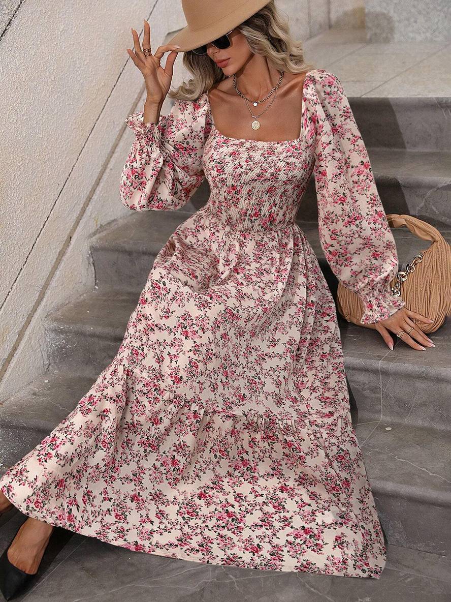 Momyraise Maxikleid Geblümt Quadratischem Kragen Laternenhülse Langarm Damen Schick Elegant Boho Strand Urlaub Kleid