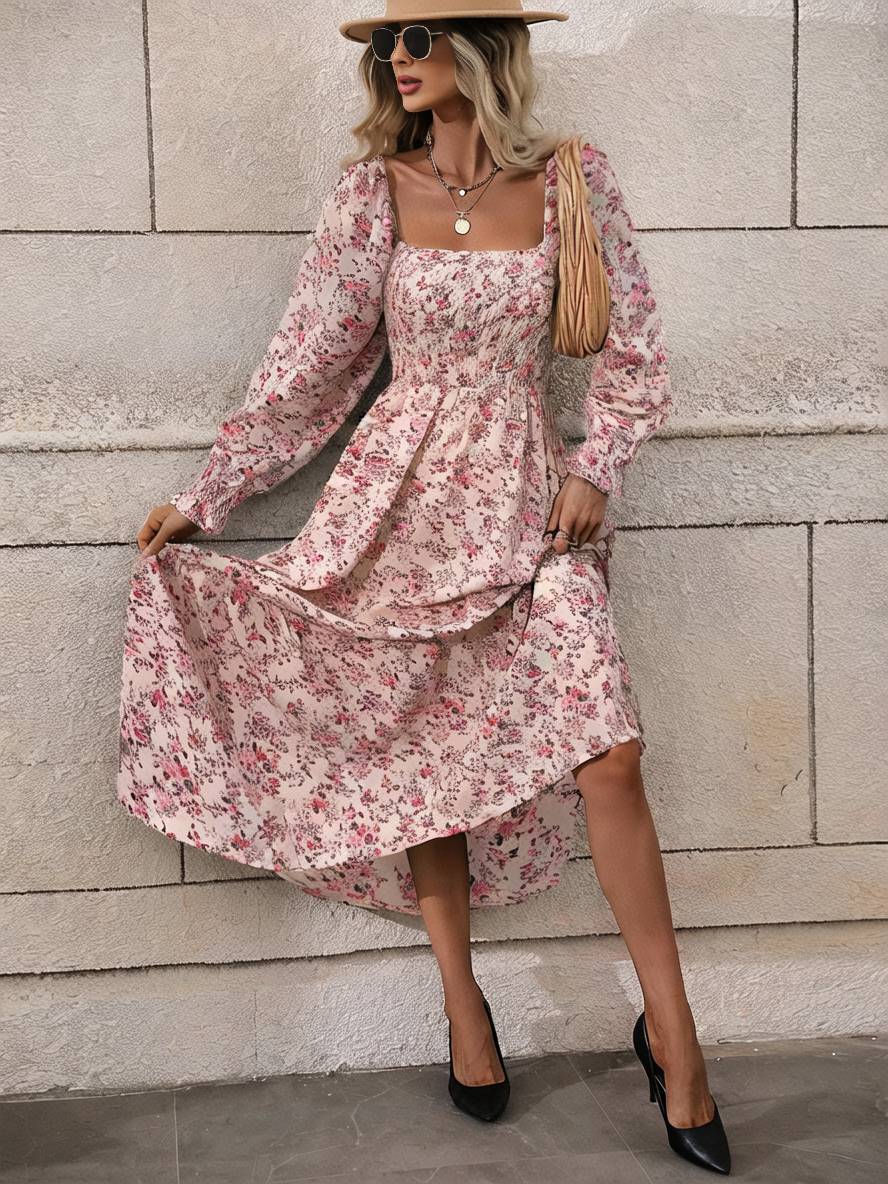 Momyraise Maxikleid Geblümt Quadratischem Kragen Laternenhülse Langarm Damen Schick Elegant Boho Strand Urlaub Kleid