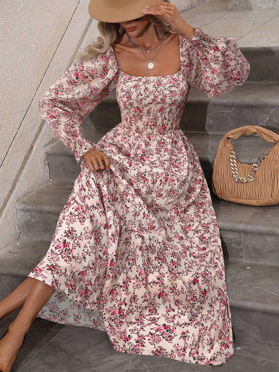 Momyraise Maxikleid Geblümt Quadratischem Kragen Laternenhülse Langarm Damen Schick Elegant Boho Strand Urlaub Kleid