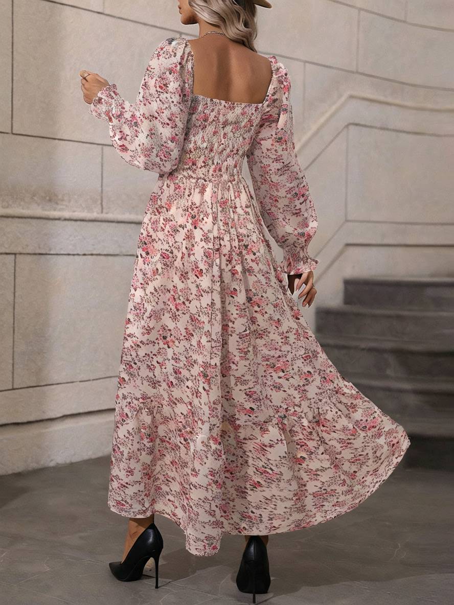 Momyraise Maxikleid Geblümt Quadratischem Kragen Laternenhülse Langarm Damen Schick Elegant Boho Strand Urlaub Kleid