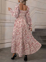 Momyraise Maxikleid Geblümt Quadratischem Kragen Laternenhülse Langarm Damen Schick Elegant Boho Strand Urlaub Kleid