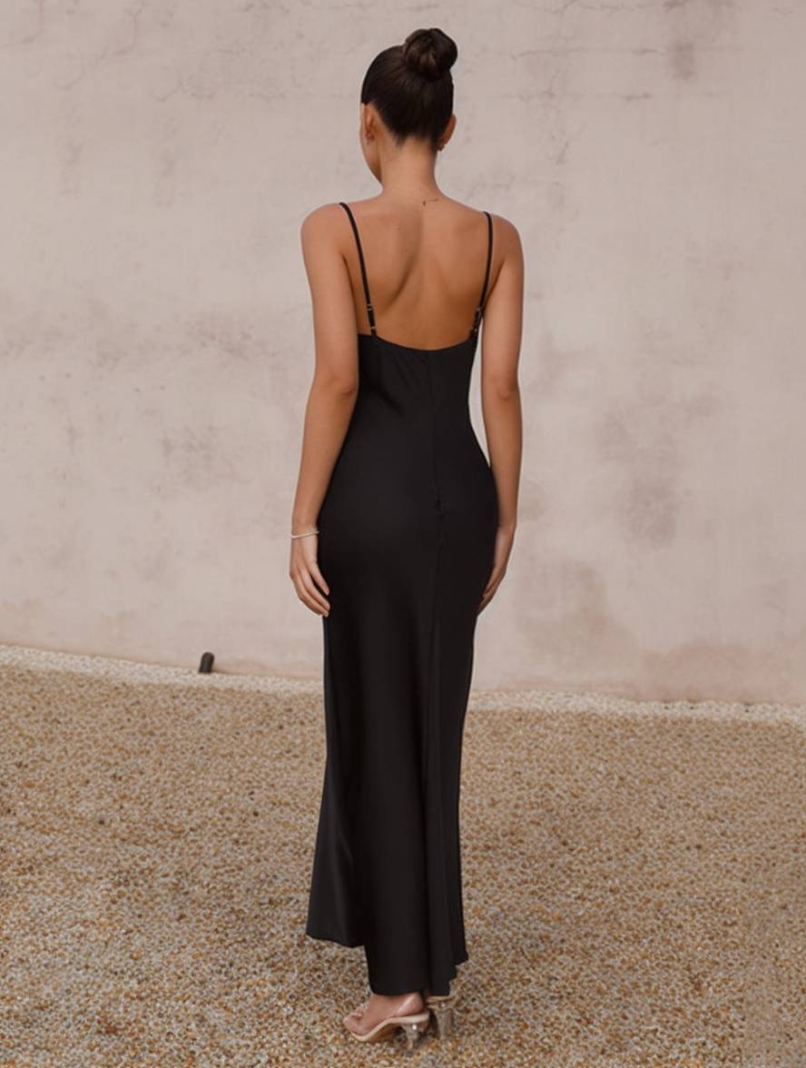 Momyraise Brautjungfern Kleider Satin Enges Rückenfrei Spaghettiträger Schlinge Ärmellos Elegant Damen Abend Ball Maxikleid