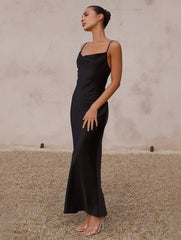 Momyraise Brautjungfern Kleider Satin Enges Rückenfrei Spaghettiträger Schlinge Ärmellos Elegant Damen Abend Ball Maxikleid