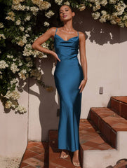 Momyraise Brautjungfern Kleider Satin Enges Rückenfrei Spaghettiträger Schlinge Ärmellos Elegant Damen Abend Ball Maxikleid