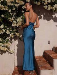 Momyraise Brautjungfern Kleider Satin Enges Rückenfrei Spaghettiträger Schlinge Ärmellos Elegant Damen Abend Ball Maxikleid